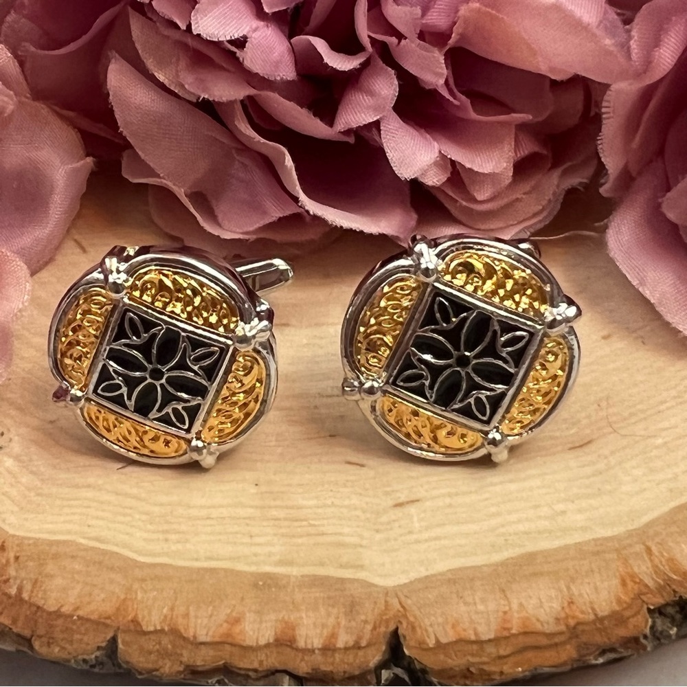 Elegant Gold and Black Cufflinks with Silver Fleury Cross - Picture 6 of 16